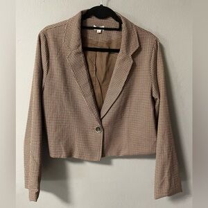 NWOT POL Houndstooth Brown One Button Crop Blazer. Size Small
